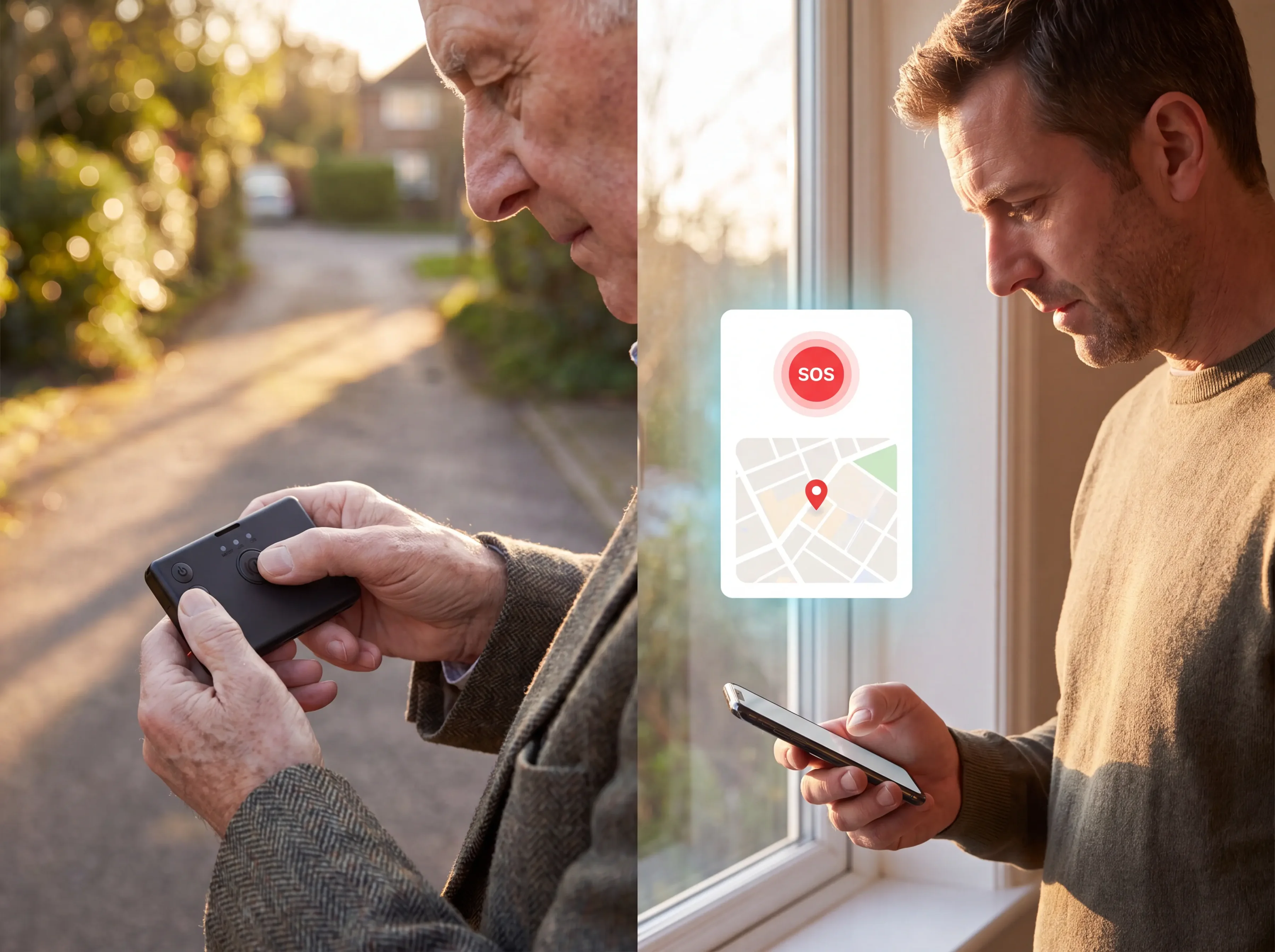 An older person presses the Guardian GPS Tracker SOS button and a loved one receives a location alert