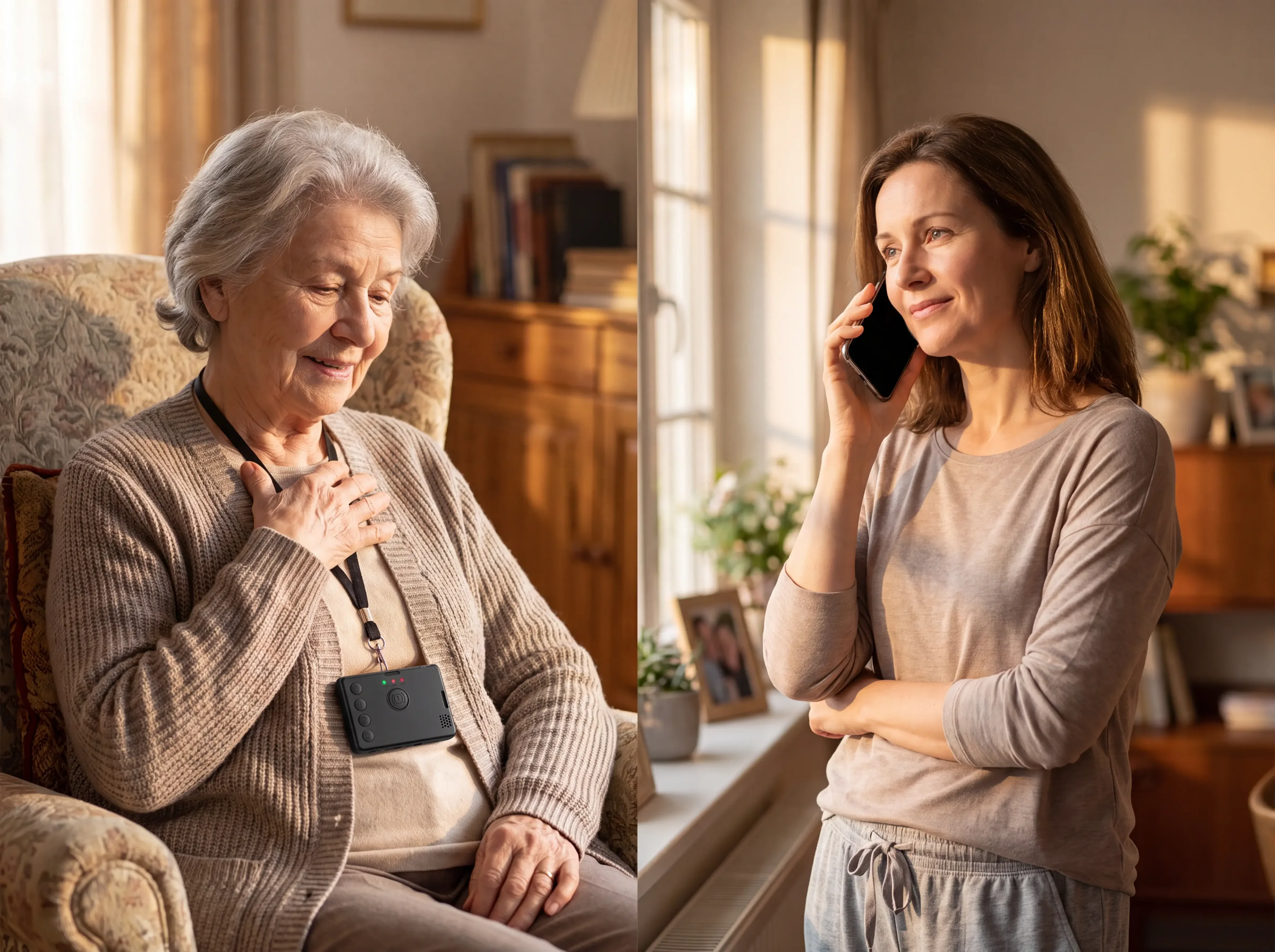 An older person talks with a loved one through the Guardian GPS Tracker