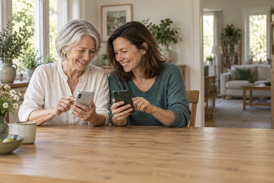 Una madre y su hija configuran juntas sus teléfonos.