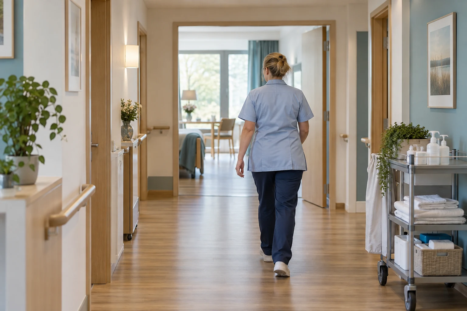 A staff member walking through a bright care facility